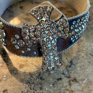 B.B. Simon Brown Leather Belt with Crystal Cross